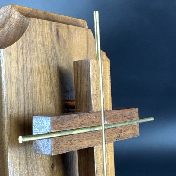 Vintage Cross Minimalist MCM Style Wood Brass Hanging Wall Plaque 11” - Picture 13 of 16